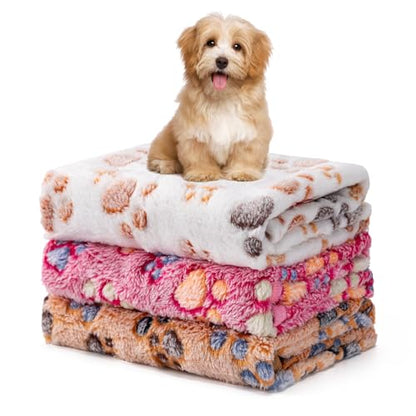 1 Pack 3 Blankets Fluffy Premium Fleece Soft Pet Blanket Flannel Throw for Cat Dog Puppy (Small 23x16'', Paw-White/Pink/Brown) - color: White,pink,brown, size: 23x16 inch(Pack of 3)