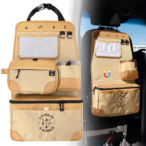Living in a Bubble Seat back Organizer – Magnetic Toiletry and Cooler Pouch, Cordura Car Backseat Storage with Device Holder & Hooks, Multi-Compartment Utility Bag for Campervans & Family Travel - color: Beige, size: Seatback Storage