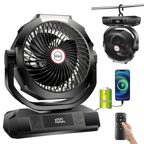 Sireck 40000mAh Battery Powered Camping Fan,12-Inch Portable Personal Fan with Remote,LED Lantern, 6 Speeds,Timer,Auto Oscillation,Digital Display Cordless Tent Fan (Black) - color: Black-12inch