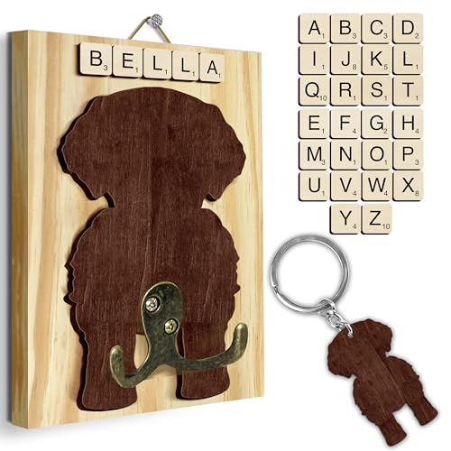 Golden Doodle Dog Leash Holder Wall Mount with Scrabble Letters, Wooden Dog Wall Hook Organizer, Pet Collar and Harness Hanger for Entryway, Key Hook Gift for Pet Lovers, Home Decoration PF297-39 - color: Golden Doodle, size: 7.8″ x 5.5"