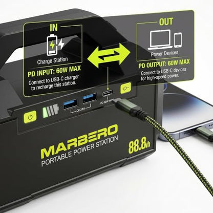 MARBERO Portable Power Station 88.8Wh Camping Portable Charger with Flashlight High Lumens Fast Charging Power Bank with AC Outlet 100W (150W Surge) for Hiking Hurricane Backup Emergencies - color: Yellow Green
