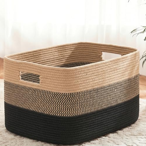 Artfeel Blanket Basket,Rectangle Woven Baskets for Storage,100L Laundry Basket for Decorative Nursery Blanket,Toys,Dirty Clothes and Magazine in Shelves,Baby Room,and Living Room - color: Black&Jute, size: 100L
