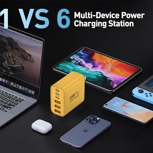 65W USB C Charger Block,6-Port Multi Device Fast Charger PD QC Wall Adapter | GaN technology saves space and reduces heat,ideal for home,office,travel,wide compatibility for iphone & USBC devices（Yellow - color: Yellow