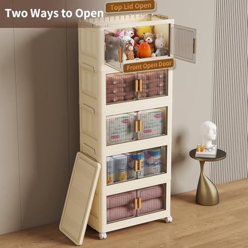 5 Tier Stackable Plastic Storage Bins with Lids 48QT, Collapsible Closet Organizers and Storage with Wheels for Living Room,Office,Dorm - size: 48Qt-5pack