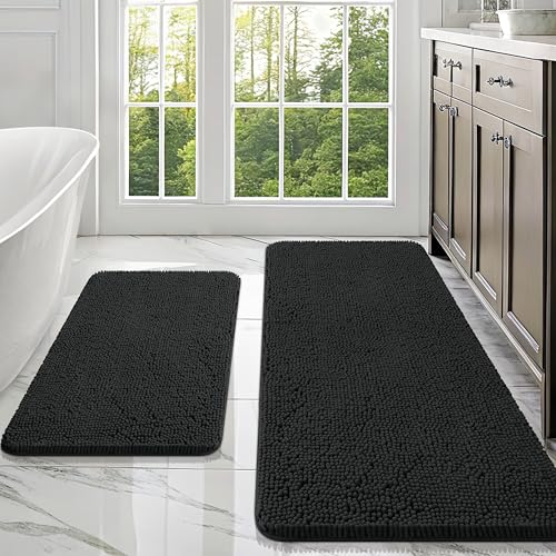 OLANLY Bathroom Rugs Sets 2 Piece, Soft Absorbent Chenille Bath Mats Area Rug Set, Non-Slip, Quick Dry, Machine Washable Bath Mats for Bathroom, Home Decor Accessories (47"x20"+30"x20", Black) - color: Black, size: 47" X 20" + 30" X 20"
