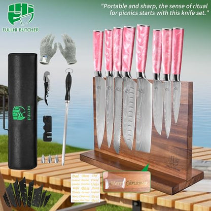 FULLHI 15pcs Japanese Knife Set with Magnetic Knife Block Holder, Stainless Steel Blades, Pink Resin Ergonomic Handles for Professional and Home Cooking - color: Pink, size: Magnetic Block Knife set