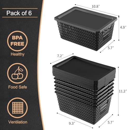 NUMIFUN Storage Bins with Lids, Set of 6, Stackable Woven Design, Black Plastic Containers with Easy Pull Handles, Interlocking Rim, Stackable Storage Boxes with Lids for Pantry, Closet - color: Black