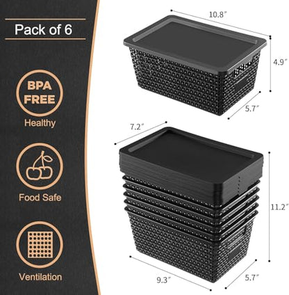 NUMIFUN Storage Bins with Lids, Set of 6, Stackable Woven Design, Black Plastic Containers with Easy Pull Handles, Interlocking Rim, Stackable Storage Boxes with Lids for Pantry, Closet - color: Black