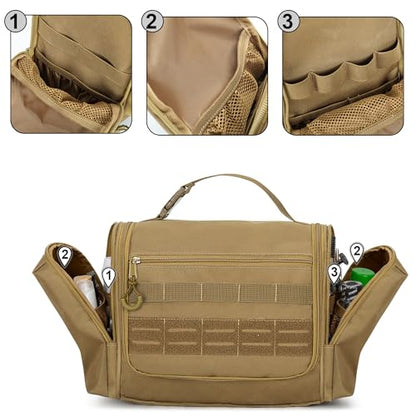 Tactical Toiletry Travel Bag for Men, Hanging Dopp Kit Hygiene Bag Shower Organizer with Hook for Toiletries and Shaving Care, Khaki (Empty Bag) - color: Khaki