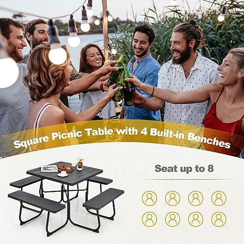 Tangkula 8 Person Picnic Table, Outdoor Square Picnic Table with 4 Built-in Benches, Umbrella Hole, Metal Frame & HDPE Tabletop, Outside Table and Bench Set for Backyard, 2300lbs Weight Capacity - color: Black