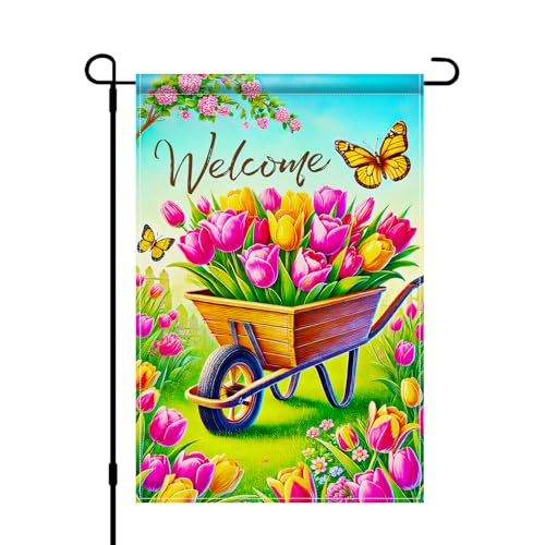 BlissYard Spring Welcome Garden Flag 12x18 Inch Double Sided Tulip Wheelbarrow Butterfly Burlap Style Garden Flag Rustic Farmhouse Yard Outdoor Banner for Porch Patio Lawn Spring Summer Decoration - color: Spring Welcome Garden Flag