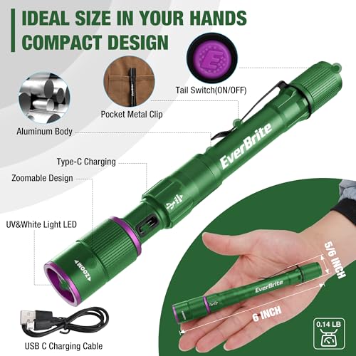 EverBrite Rechargeable Pen Flashlight with UV Light and White Light, 395nm Black Flashlight with Clip, Zoomable 4 Modes with Memory, USB C Cable, for Camping, Emergency, Pet Urine Detection,Green - color: Green