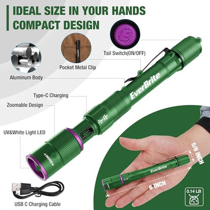 EverBrite Rechargeable Pen Flashlight with UV Light and White Light, 395nm Black Flashlight with Clip, Zoomable 4 Modes with Memory, USB C Cable, for Camping, Emergency, Pet Urine Detection,Green - color: Green