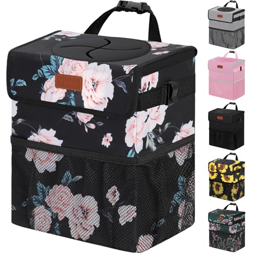 Vankor 3 Gallons Car Trash Can with Lid, Car Bag Bin Hanging Waterproof Automotive Garbage Cans Leak Proof Vehicle Trash Can Black Floral - color: Black Floral, size: 3 Gallons