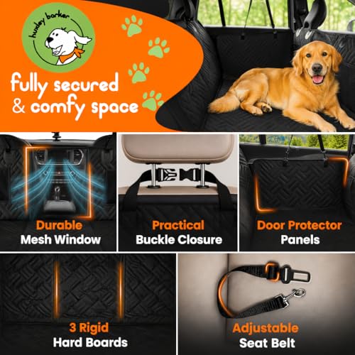 Car Back Seat Extender for Dogs – 40% Extra Space, 600D Oxford Waterproof Dog Car Seat Cover with Hard-Bottom Bridge, Non-Slip Base, Mesh Window & Storage Pockets – Foldable Design