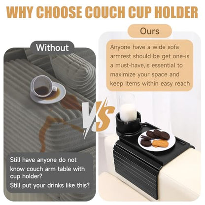 SINWANT Couch Cup Holder Tray,Foldable Sofa Arm Clip on Tray Table with 360° Rotation Cup Holder,Bamboo Anti-Slip Couch Armrest Table for Coffee Cup,Water Bottles,Mug,Snacks,Remote on Large Armrest - color: Black