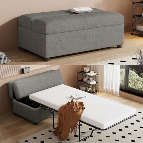 46" Ottoman Folding Bed, Twin Size Convertible Ottoman Pull Out Bed with Memory Mattress, Foldable Sofa Beds Dual Use Guest Sleeper Couch for Living Room Bedroom Guest Room, RV (Dark Gray+Chenille) - color: Dark Gray+chenille
