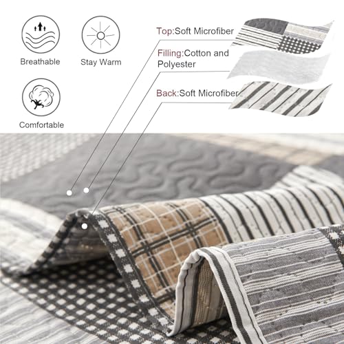 Plaid Quilt Set - Queen Size Bedspread & Coverlet - Brown White Plaid - Lightweight & Reversible - Soft Microfibers - All Season - color: Brown Plaid Patchwork, size: Full/Queen