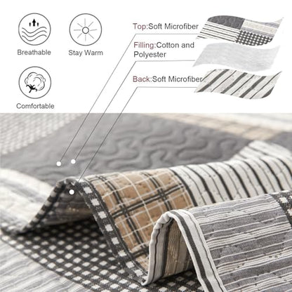 Plaid Quilt Set - Queen Size Bedspread & Coverlet - Brown White Plaid - Lightweight & Reversible - Soft Microfibers - All Season - color: Brown Plaid Patchwork, size: Full/Queen