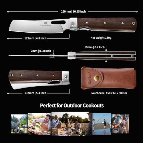 ZhengSheng Folding Chef Knife with Leather Pouch 4.8" Sharp 440A Stainless Steel Blade Wooden Handle Pocket Foldable Japanese Style Kitchen Knife for Outdoor Camping Cooking. - color: #5 Natural wooden Handle - Leather Pouch