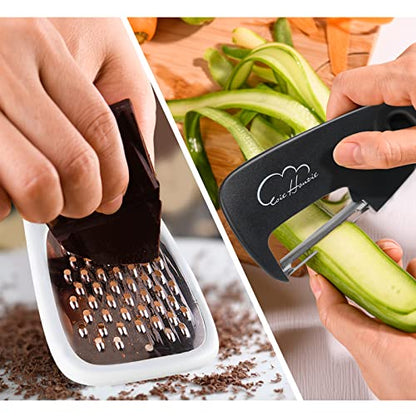 5 Pieces Kitchen Gadgets Set - Space Saving Cooking Tools Accessories Cheese Chocolate Grater, Fruit Vegetable Peeler, Bottle Opener, Pizza Cutter, Burlap Bags with Drawstring Gift Set - color: Black White Gray 4pcs