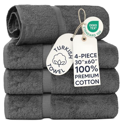 Chakir Turkish Linens 4 Piece Extra Large Bath Towels, 100% Cotton Luxury Turkish Towels for Bathroom, Soft Absorbent Bath Towels, 30 x 60 Inches, Dark Gray - color: Dark Gray