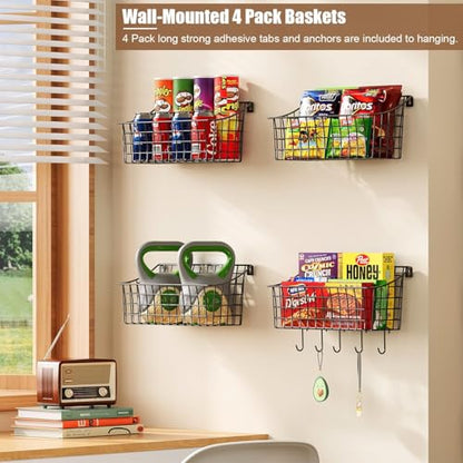 Sonyabecca 4 Pack Hanging Wall Basket for Organizing, Large Wire Basket for Storage Pantry with 5 S Hook+4 Adhesive Hook, Wall Mounted Shelf for Kitchen Bathroom - size: 13"L x 6.3"W x 6.02"H-4Pack