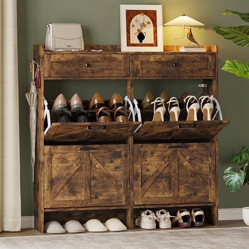 BORNOON Shoe Storage Cabinet for Entryway, Farmhouse Wide Shoe Cabinet with 4 Flip Drawers and 2 Top Drawers, Freestanding Organizer with Adjustable Shelves, Hooks, and Anti-Tip Kit for Hallway - color: Rustic Brown, size: 4 Flip Drawer