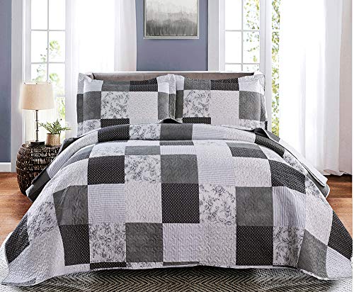 Morden Lightweight Queen Bedspread - Floral & Plaid Reversible Quilt Set - Grey & Black White Paisley & Floral Pattern - color: Gray Floral Plaid, size: Full/Queen
