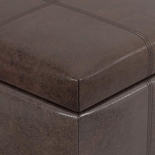SIMPLIHOME Dover Storage Ottoman Bench - 36 inch Wide Upholstered Vegan Leather Rectangular Lift-Top Ottoman in Distressed Brown, Contemporary Bench for Living Room with Safety Hinges - color: Distressed Brown