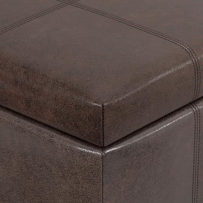 SIMPLIHOME Dover Storage Ottoman Bench - 36 inch Wide Upholstered Vegan Leather Rectangular Lift-Top Ottoman in Distressed Brown, Contemporary Bench for Living Room with Safety Hinges - color: Distressed Brown