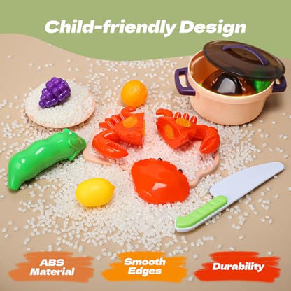 CUTE STONE 51-Piece Mini Play Kitchen Accessories for Kids, Pretend Cooking Playset with Pots, Pans, Utensils, Cutting Fun Fruits & Veggies, Learning Gift for Toddlers, Girls & Boys - style: Purple Cooking Set