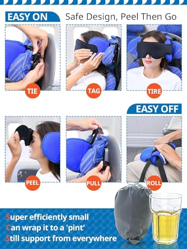 SARISUN Travel Pillows for Airplanes with Sleep Eye Mask, Chin Strap, Airplane Pillow for Long Flights, Car Road Trip, 360° Support Headrest, Travel Essentials Stop Bobblehead, Mottled Blue - color: Mottled Blue