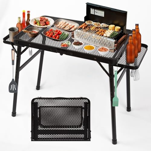 2.5 FT Picnic Table with 2 Wing Panels, Mesh Metal Folding Grill Table Height Adjustable & Lightweight & Portable Table for Outdoor Indoor Camping, Picnic, Beach and BBQ, RV - size: Extended Size