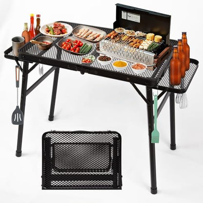 2.5 FT Picnic Table with 2 Wing Panels, Mesh Metal Folding Grill Table Height Adjustable & Lightweight & Portable Table for Outdoor Indoor Camping, Picnic, Beach and BBQ, RV - size: Extended Size
