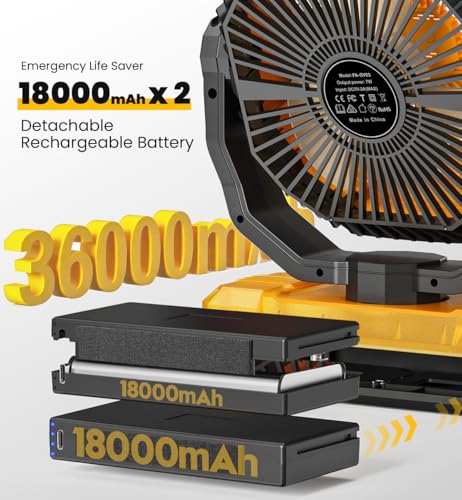 36000mAh Portable Camping Fan - 120HRS Rechargeable Fan with Detachable Battery with LED & Remote - 4 Speeds Battery Powered for Tent,Travel, Office, Jobsite - color: Yellow2