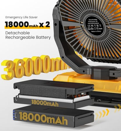 36000mAh Portable Camping Fan - 120HRS Rechargeable Fan with Detachable Battery with LED & Remote - 4 Speeds Battery Powered for Tent,Travel, Office, Jobsite - color: Yellow2