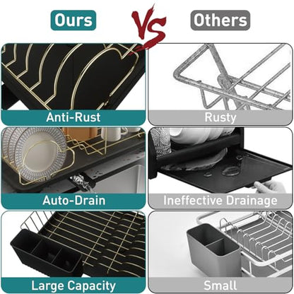 Buruis Dish Drying Rack for Kitchen Countertop, Large Capacity Gold Stainless Steel Dish Drainer with Anti-Slip Rubber Feet, Removable Drain Board and Utensil Holder (Black Tray) - color: Black Drainer