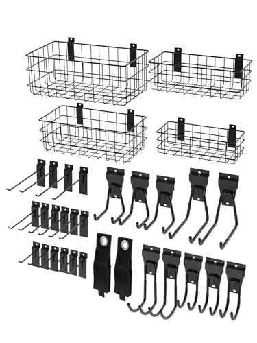 AZUNO 32Pcs Slatwall Accessories Set with 4 Slatwall Baskets & 26 Multi-Sized Slatwall Hooks and 2 Heavy-Duty Storage Straps for Garage, Workshop, and Home Organization Storage - size: 4 Baskets+26 Hooks+2 Straps