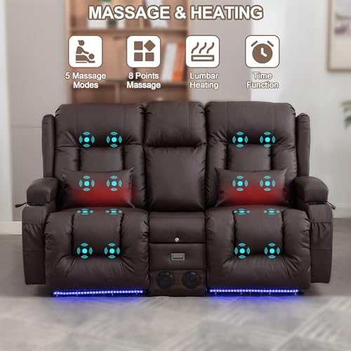 TUNYI Power Loveseat Recliner Sofa with Massage & Heat Home Theater Seating with Console RV Recliner Loveseat Sofa with USB/Storage/Side Pocket/LED Light/Speaker (Brown, Loveseat) - color: Brown, size: 2 Seat