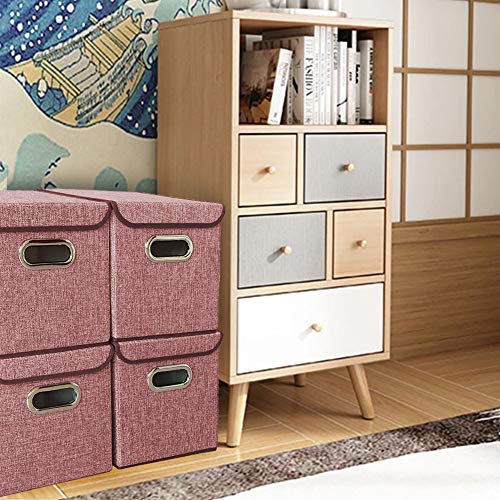 Storage Bin [Set of 4] Linen Fabric Foldable Container with Lid, Collapsible Organizer Boxes Cubes – 10 x 10 x 10 Inches (Red) - color: Red