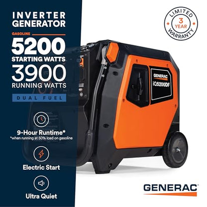 Generac 5,200-Watt Dual-Fuel Portable Inverter Generator - Gas and Propane Compatible - Quiet Operation - Clean, Stable Power - CA Compliant - Great for Home Backup, Camping, and RV Use - style: 5200-Watt Inverter - Electric Start + COsense - 50 ST