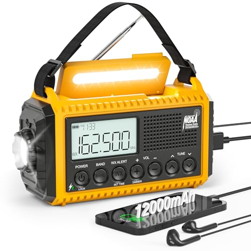 Eoxsmile Emergency Radio 12000mAh with NOAA Weather Alert - Solar/Crank/Battery Powered AM/FM/Shortwave Radio, USB-C Charger, Portable SOS Flashlight for Hurricane, Power Outage, Camping Survival Gear - color: Corn Yellow