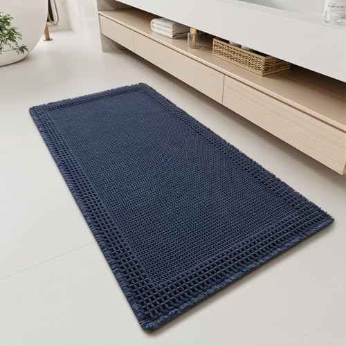 RESARE Waffle Bathroom Runner Rugs, Super Absorbent Bath Mat Non Slip Washable Quick Dry, Upgraded Ultra Soft Boho Bath Rugs with Tassels, Farmhouse Home Decor Accessories, 2'x4'(24"x48") Navy - color: Navy, size: 2' X 4'