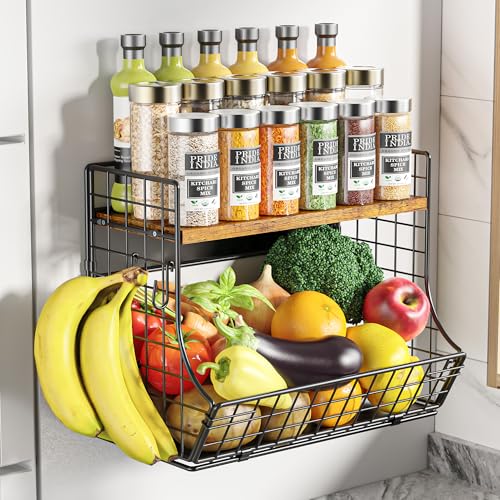 Magnetic Shelf for Fridge with Wood Lid, Fruit Potato and Onion Storage Bins, Pantry Organizers and Storage, Strong Magnetic Spice Rack for Refrigerator, Kitchen Counter and Laundry Room - color: Black, size: Large