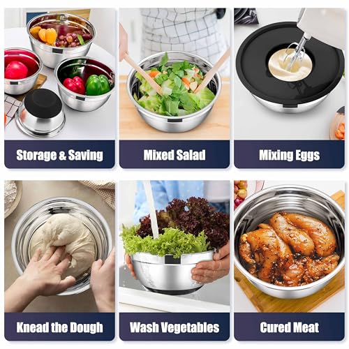 E-far Stainless Steel Mixing Bowls with Lids Set, 5-Piece Nesting Salad Bowls with 3 Grater Attachments and Non-Slip Bottoms, Size 4.6, 2.6, 2, 1.5, 1QT for Kitchen (Black) - color: Black, size: 5 Regular Sizes
