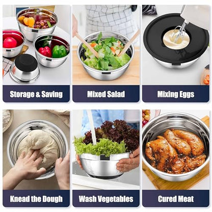 E-far Stainless Steel Mixing Bowls with Lids Set, 5-Piece Nesting Salad Bowls with 3 Grater Attachments and Non-Slip Bottoms, Size 4.6, 2.6, 2, 1.5, 1QT for Kitchen (Black) - color: Black, size: 5 Regular Sizes