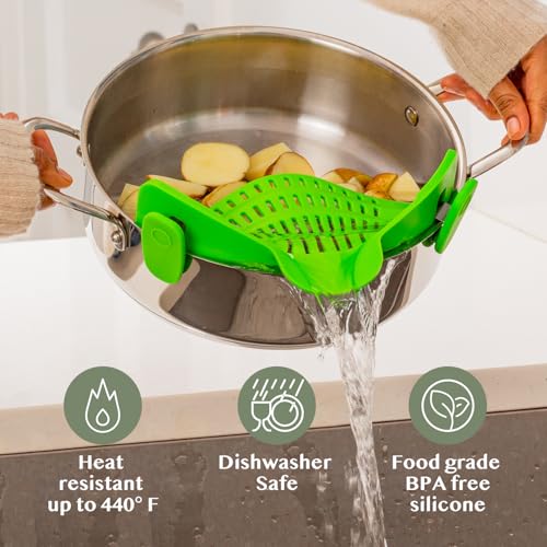 Kitchen Gizmo Snap N' Strain Clip On Strainer for Pots and Pans - Collapsible Silicone Pasta Strainer and Kitchen Gadget for Cooking - Easy to Use, Heat Resistant and Space Saving Colander - Green - color: Lime Green