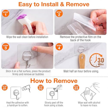 Adhesive Wall Hooks for Hanging Heavy Duty 33lb(Max), Waterproof and Rustproof Transparent Self Adhesive Hooks for Bathroom Kitchen Outdoor and Home Improvement -24 Pack - size: 01-Clear-24Pack