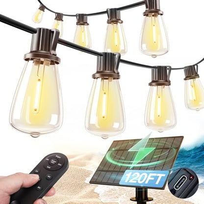 addlon 120FT(114+6) Solar String Lights Outdoor, Waterproof Solar Powered Outside Lights with Remote & USB Port, ST38 LED Shatterproof Bulbs, Dimmable Solar Light for Camping Backyard Porch - size: 120FT